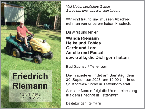 Traueranzeige von Friedrich Riemann von Harz Kurier