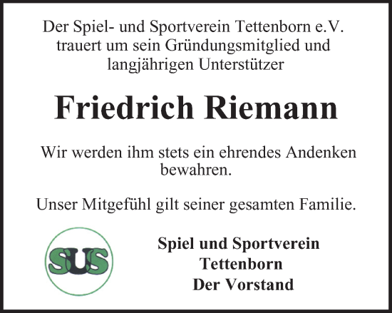Traueranzeige von Friedrich Riemann von Harz Kurier