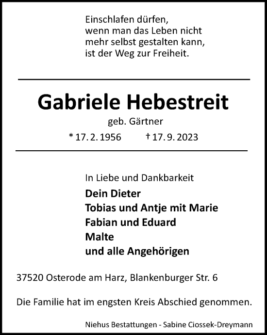 Traueranzeige von Gabriele Hebestreit von Harz Kurier