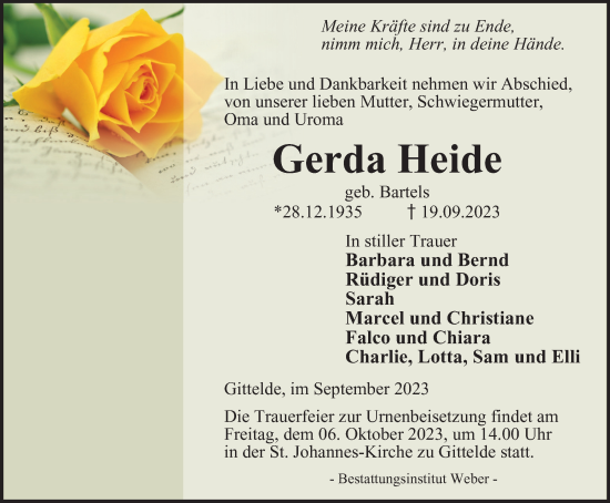 Traueranzeige von Gerda Heide von Harz Kurier