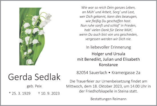 Traueranzeige von Gerda Sedlak von Harz Kurier