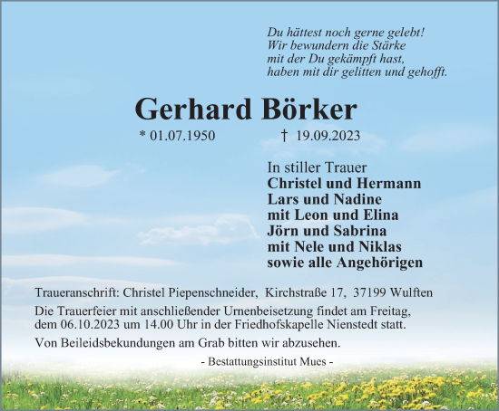Traueranzeige von Gerhard Börker von Harz Kurier