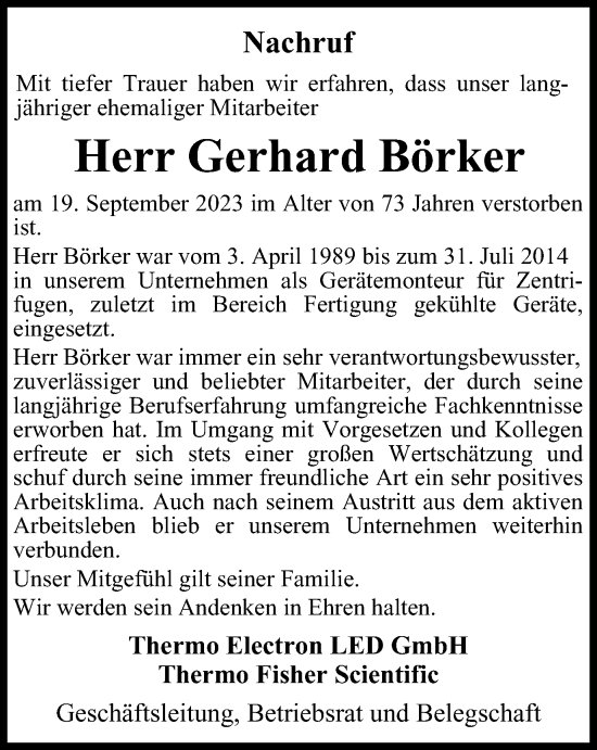 Traueranzeige von Gerhard Börker von Harz Kurier