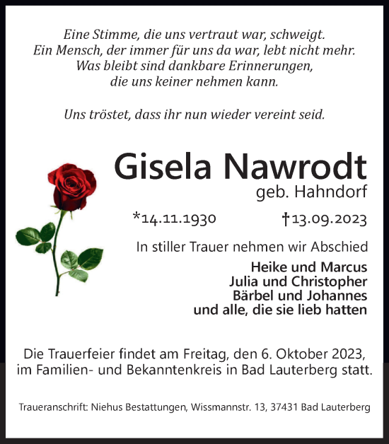Traueranzeige von Gisela Nawrodt von Harz Kurier