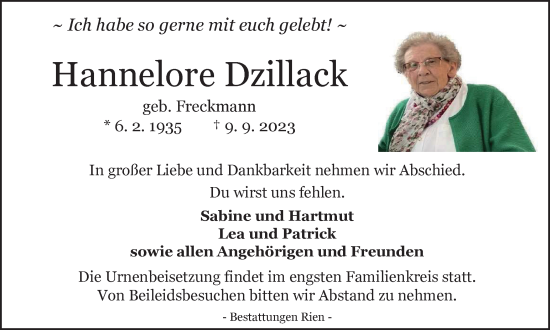 Traueranzeige von Hannelore Dzillack von Harz Kurier
