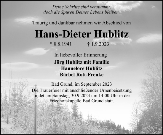 Traueranzeige von Hans-Dieter Hublitz von Harz Kurier