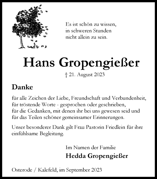 Traueranzeige von Hans Gropengießer von Harz Kurier