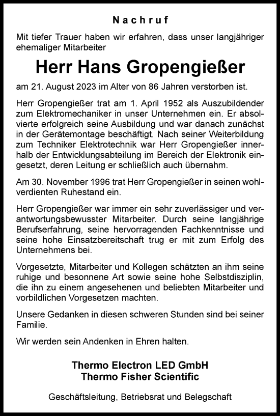 Traueranzeige von Hans Gropengießer von Harz Kurier