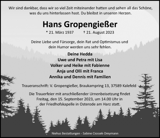 Traueranzeige von Hans Gropengießer von Harz Kurier