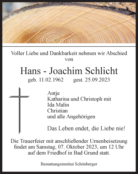Traueranzeige von Hans-Joachim  Schlicht von Harz Kurier