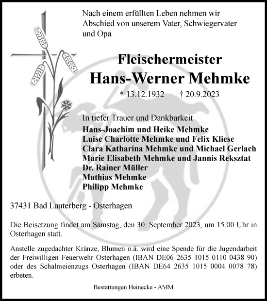 Traueranzeige von Hans-Werner Mehmke von Harz Kurier