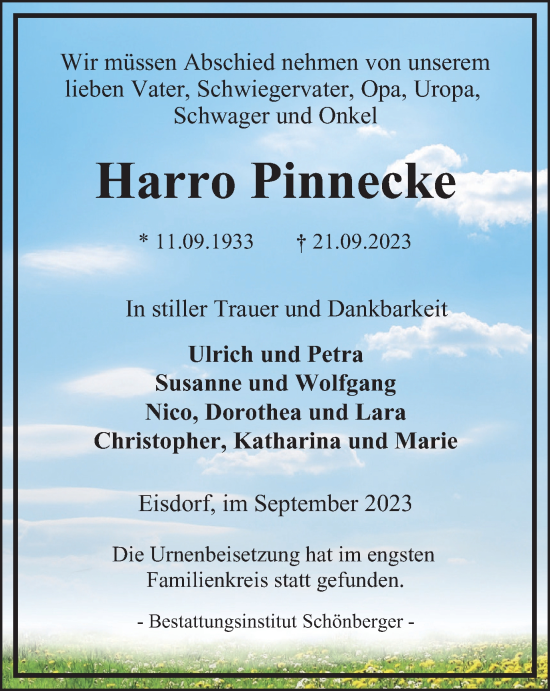 Traueranzeige von Harro Pinnecke von Harz Kurier
