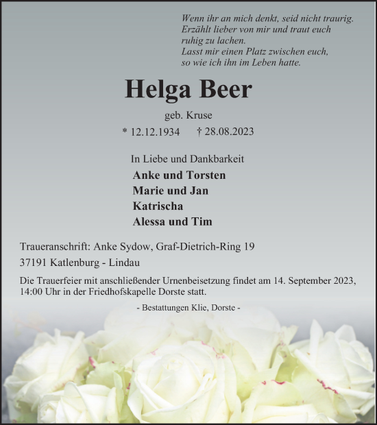 Traueranzeige von Helga Beer von Harz Kurier