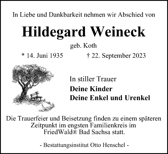 Traueranzeige von Hildegard Weineck von Harz Kurier