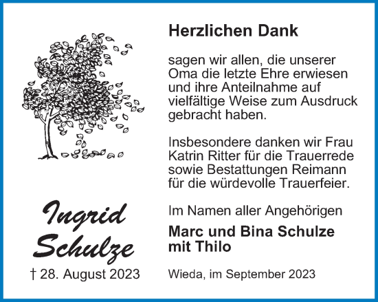 Traueranzeige von Ingrid Schulze von Harz Kurier