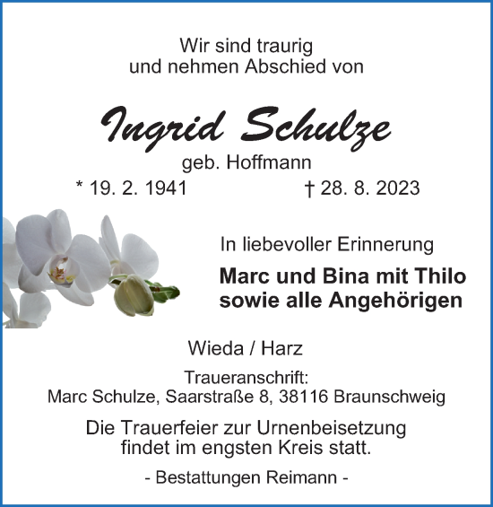 Traueranzeige von Ingrid Schulze von Harz Kurier