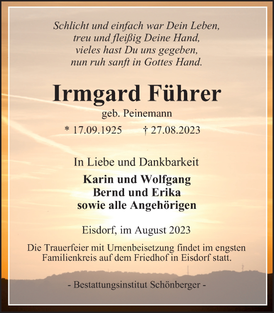 Traueranzeige von Irmgard Führer von Harz Kurier