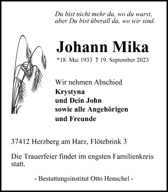 Traueranzeige von Johann Mika von Harz Kurier