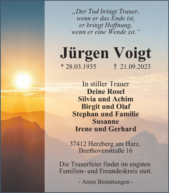 Traueranzeige von Jürgen Voigt von Harz Kurier