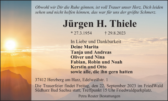Traueranzeige von Jürgen H. Thiele von Harz Kurier
