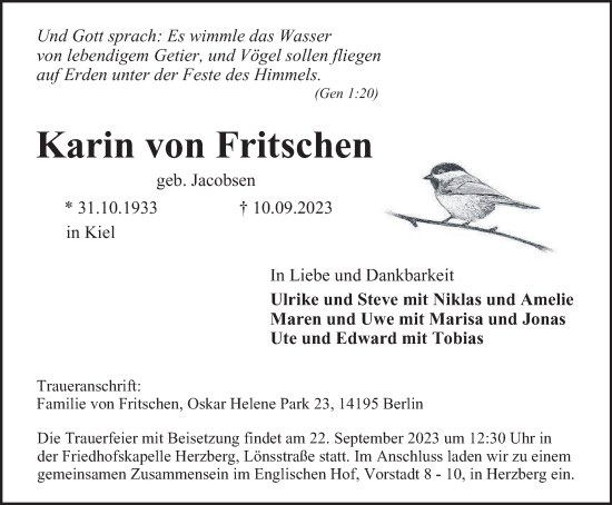 Traueranzeige von Karin von Fritschen von Harz Kurier