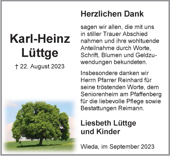 Traueranzeige von Karl-Heinz Lüttge von Harz Kurier