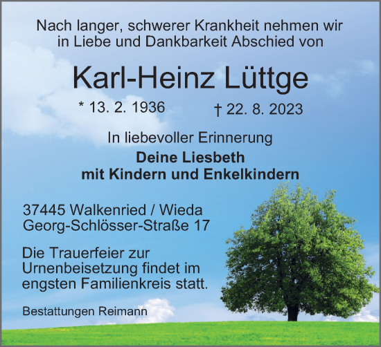 Traueranzeige von Karl-Heinz Lüttge von Harz Kurier