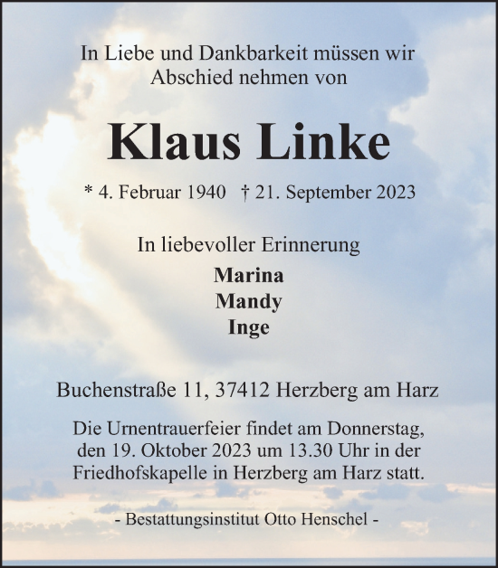 Traueranzeige von Klaus Linke von Harz Kurier