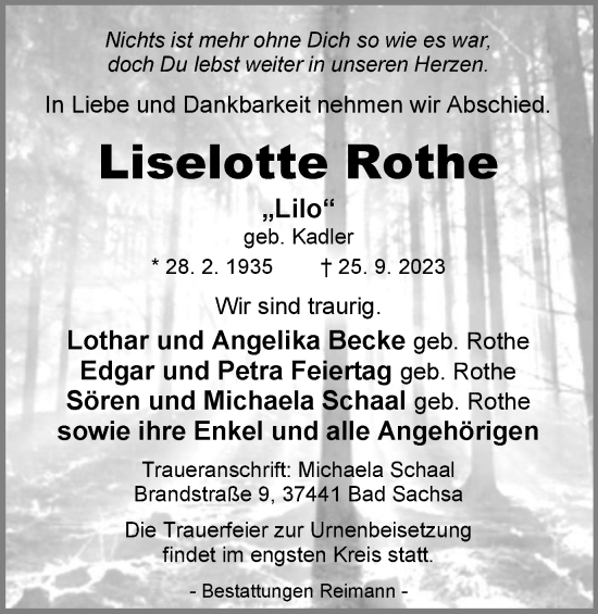 Traueranzeige von Liselotte Rothe von Harz Kurier