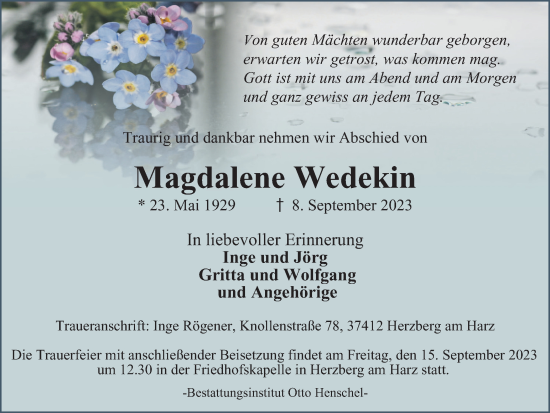 Traueranzeige von Magdalene Wedekin von Harz Kurier