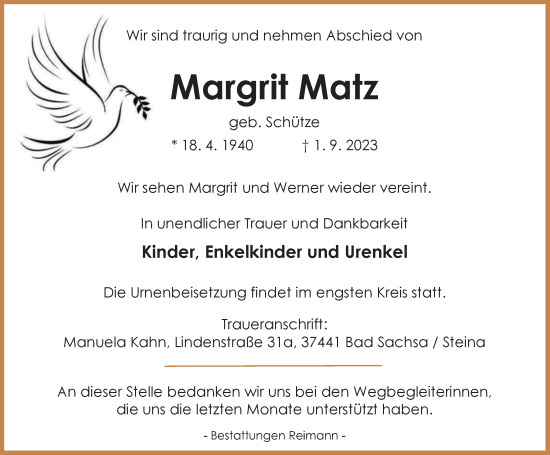 Traueranzeige von Margrit Matz von Harz Kurier
