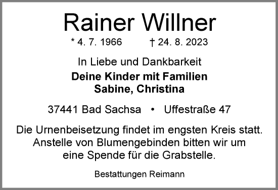 Traueranzeige von Rainer Willner von Harz Kurier