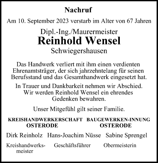Traueranzeige von Reinhold Wensel von Harz Kurier