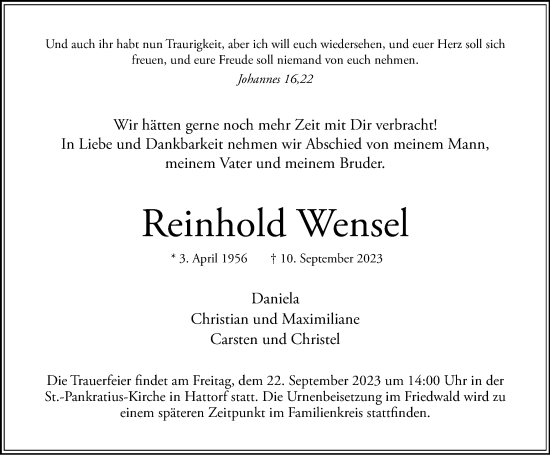 Traueranzeige von Reinhold Wensel von Harz Kurier