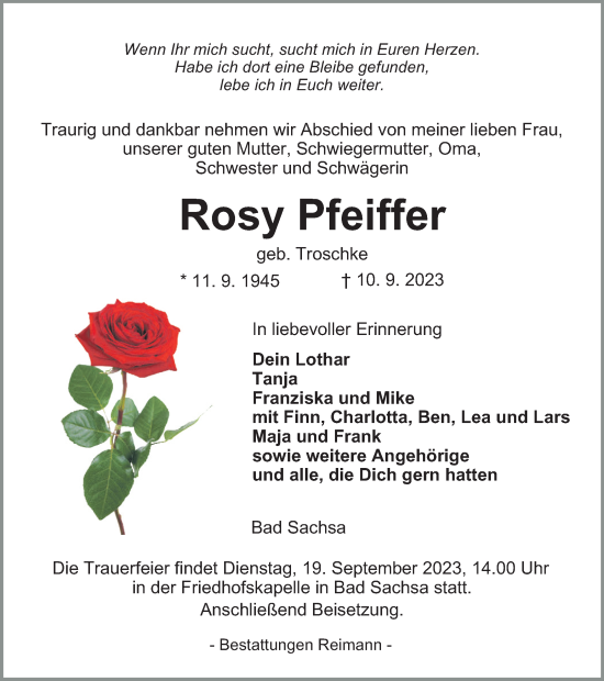 Traueranzeige von Rosy Pfeiffer von Harz Kurier