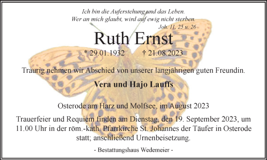 Traueranzeige von Ruth Ernste von Harz Kurier