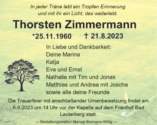 Traueranzeige von Thorsten Zimmermann von Harz Kurier