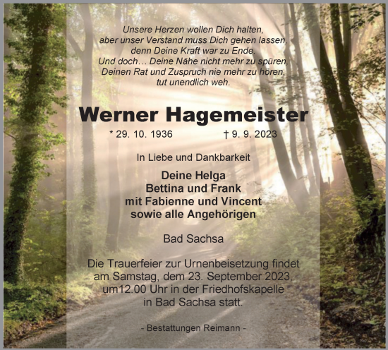 Traueranzeige von Werner Hagemeister von Harz Kurier