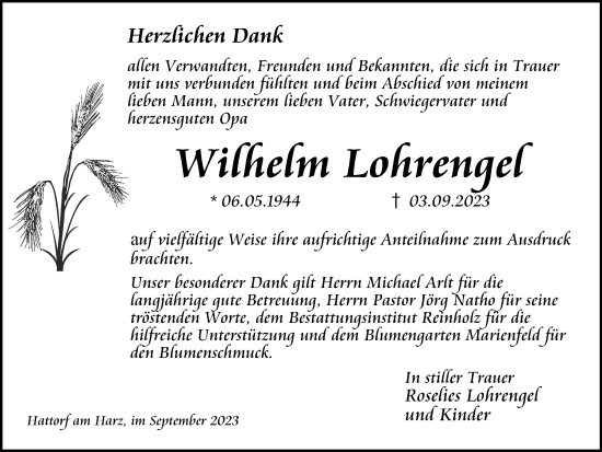 Traueranzeige von Wilhelm Lohrengel von Harz Kurier