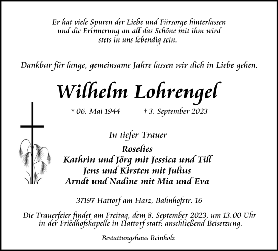 Traueranzeige von Wilhelm Lohrengel von Harz Kurier
