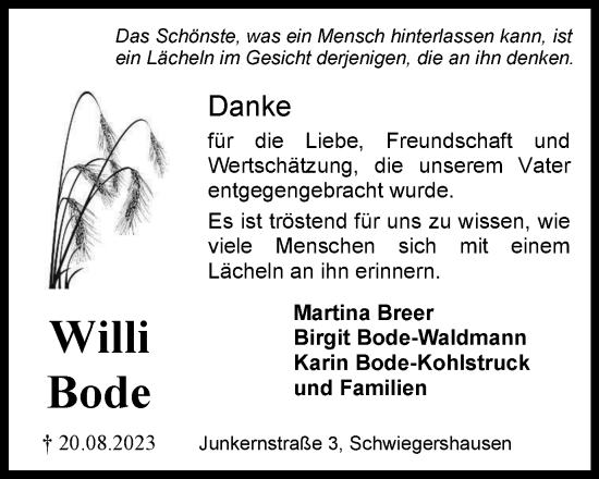 Traueranzeige von Willi Bode von Harz Kurier
