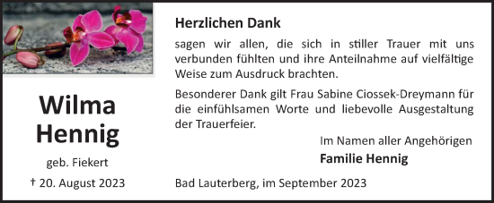 Traueranzeige von Wilma Hennig von Harz Kurier