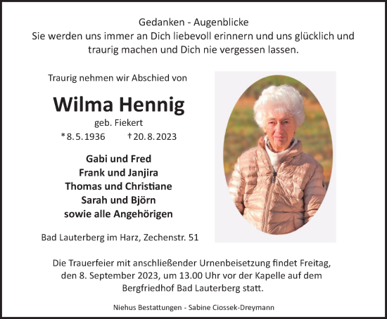 Traueranzeige von Wilma Hennig von Harz Kurier