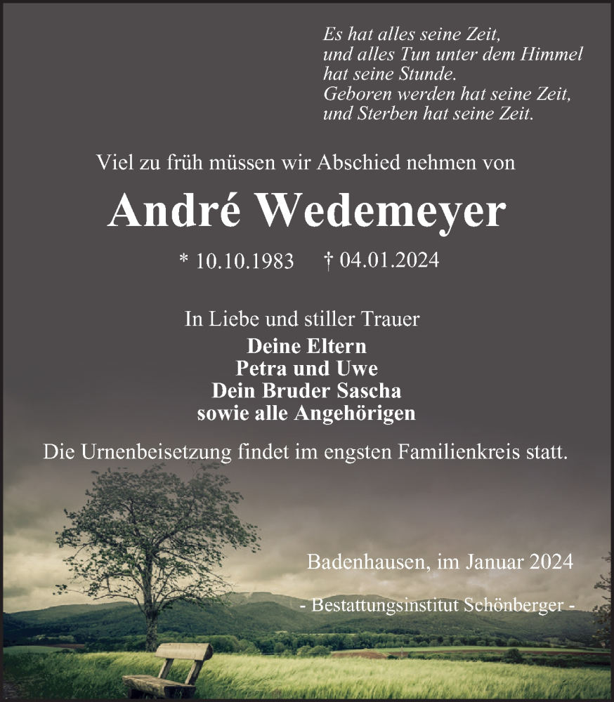  Traueranzeige für Andre Wedemeyer vom 13.01.2024 aus Harz Kurier