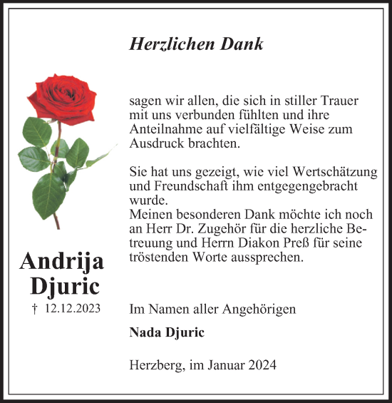 Traueranzeige von Andrija Djuric von Harz Kurier