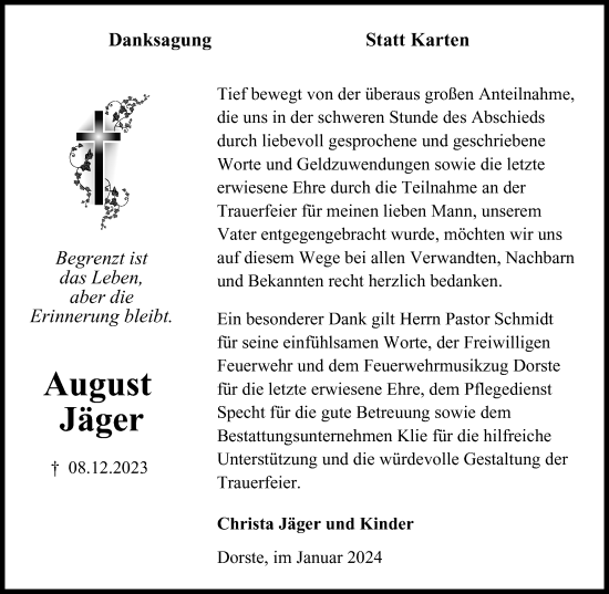 Traueranzeige von August Jäger von Harz Kurier