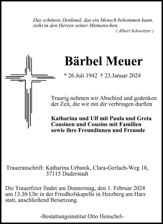 Traueranzeige von Bärbel Meuer von Harz Kurier