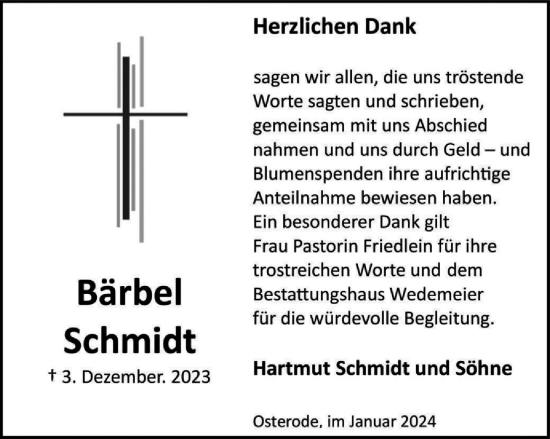 Traueranzeige von Bärbel Schmidt von Harz Kurier