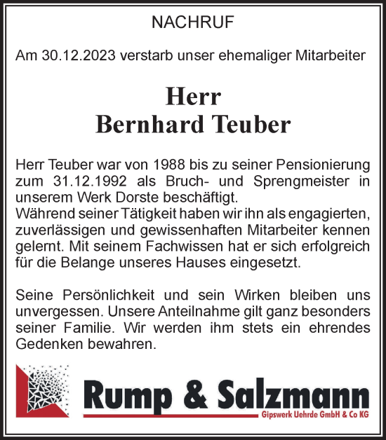 Traueranzeige von Bernhard Teuber von Harz Kurier