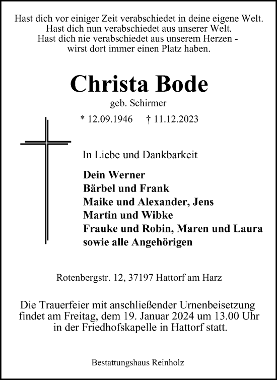 Traueranzeige von Christa Bode von Harz Kurier